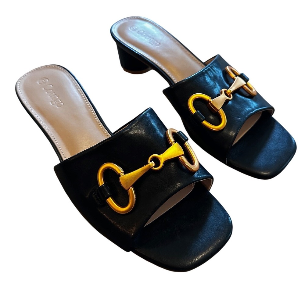 Coutgo Black Square Toe Sandals Low Block Heel Mules Womens Size 9